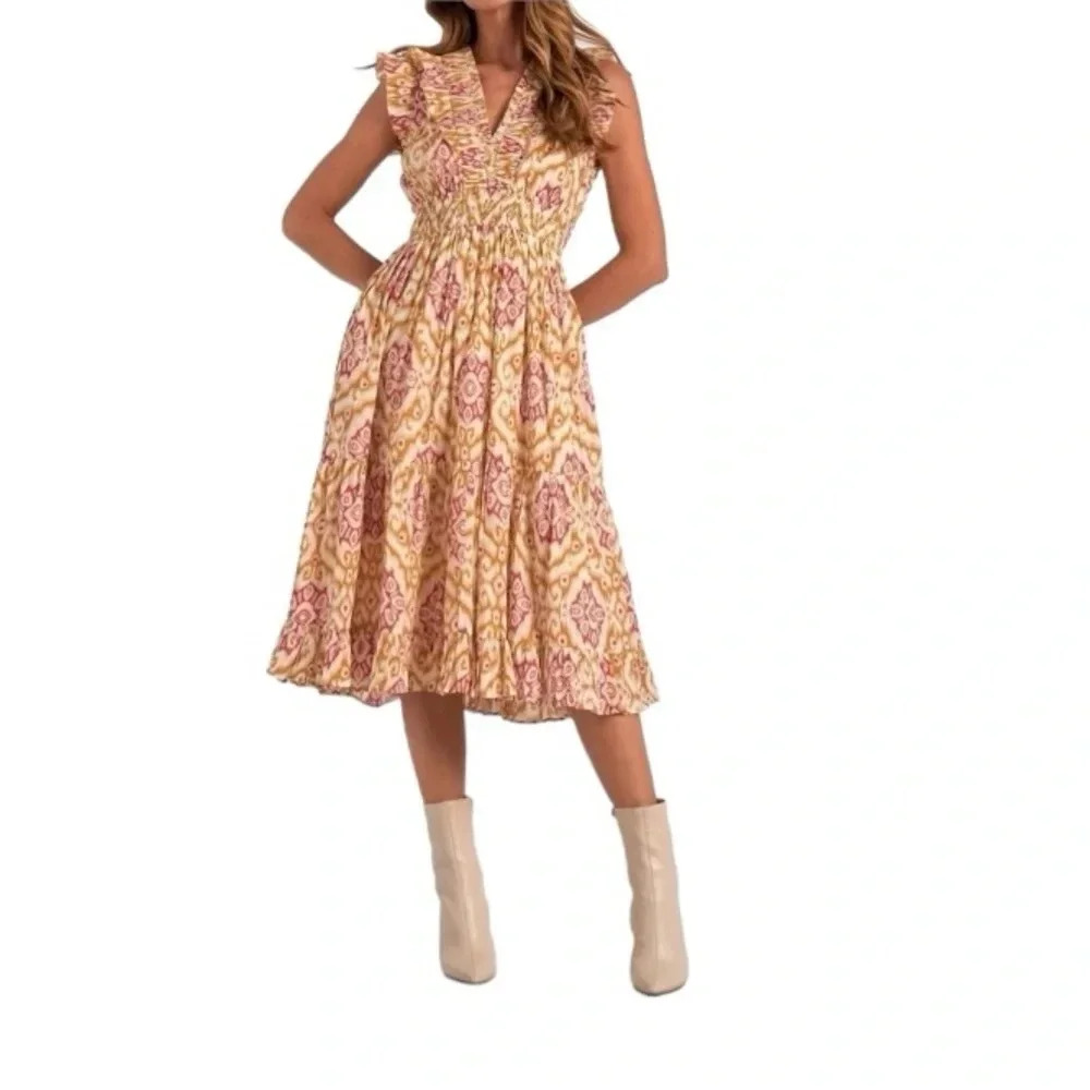 Elan Gold Printed Midi Bohemian Summer Dress New w tickets Size Large